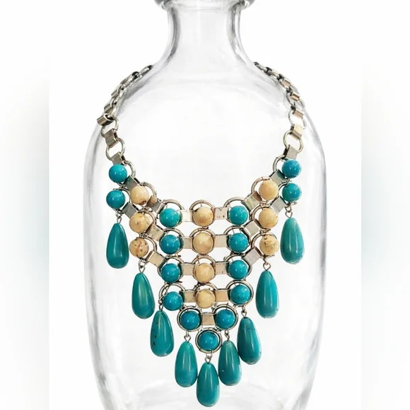 Turquoise & Ivory Western Boho Bib Necklace | Silver-Tone Chain - Picture 2 of 6